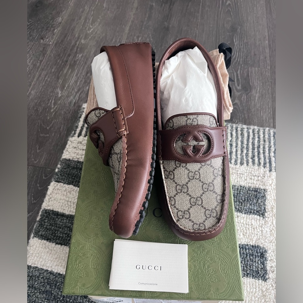 NEW 🤎 Gucci Interlocking GG Brown Supreme Canvas & Leather Driver M7.5/8 W9.5-10 - Picture 10 of 13